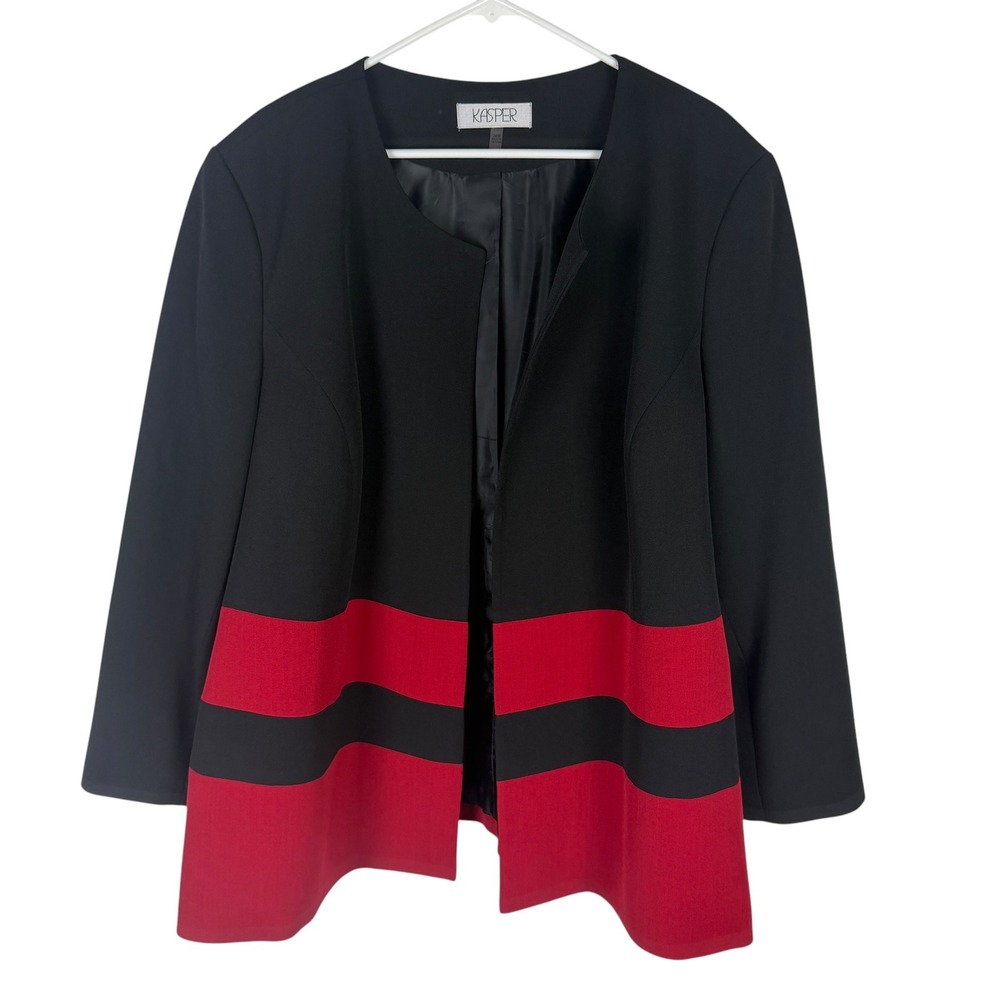 Kasper Women's 24W Black Red Color Block Open Front Collarless Blazer Jacket